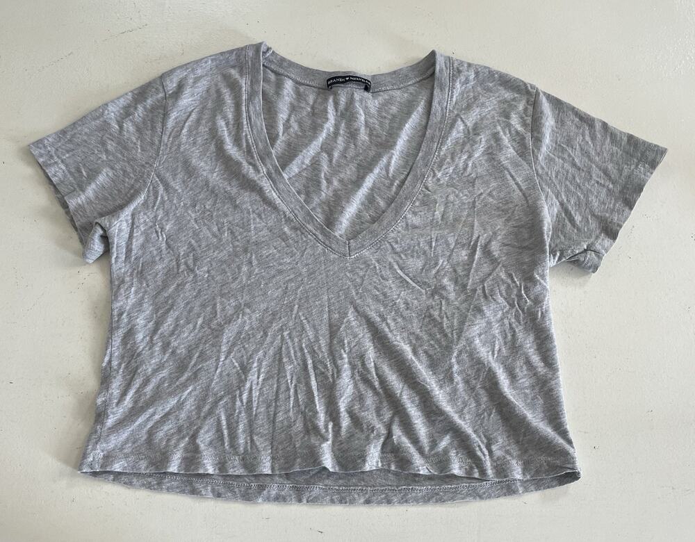 Brandy Melville Gray V-Neck Short Sleeve Knit T-Shirt One Size Cropped